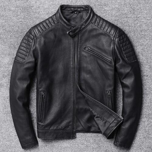 2020 Vintage Brown Men Stand Collar Motorcycle Leather Jacket Plus Size 3XL Genuine Cowhide Slim Fit Bikers Coat FREE SHIPPING