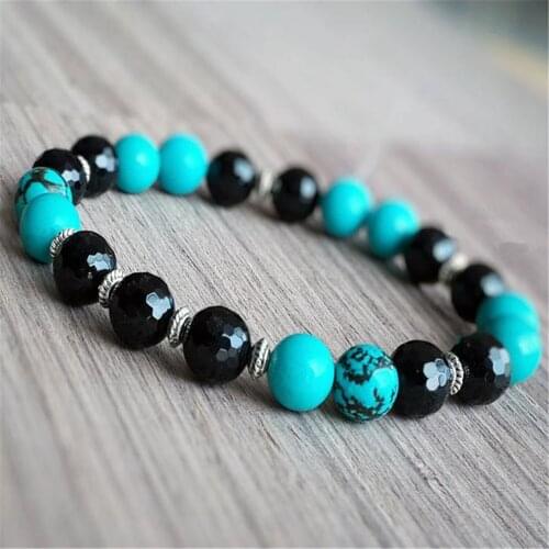 8mm Natural Black Onyx Turquoise Mala Bracelet Sutra Cuff Chakas Lucky Wrist Healing
