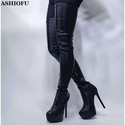 ASHIOFU New Handmade Womens Boots Real Photos Sexy Night-club Platform Over Knee Boots Plus Size Black Winter Fashion Boots Shoe
