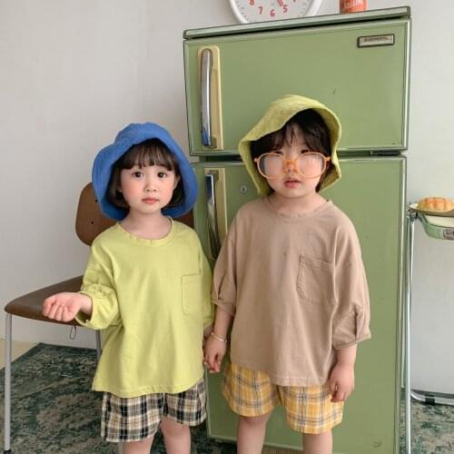 Kids Clothing 2021 Summer New Baby Casual Cotton Solid T Shirts Korean Loose Soft Pocket Tshirts For Boys And Girls Child Tops