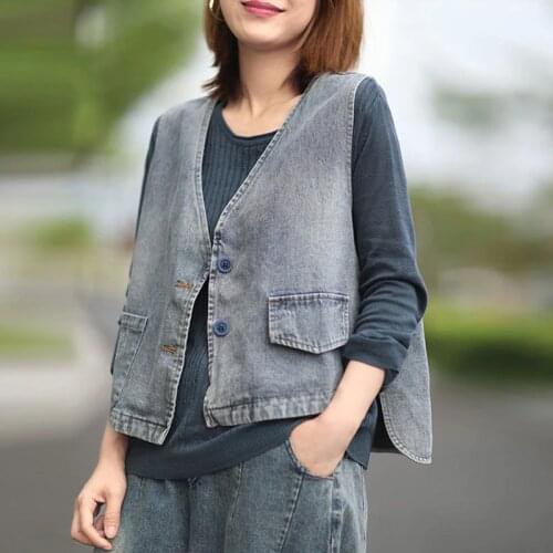 Johnature 2020 Autumn New Korean Solid Color V-neck Button All-match Denim Vest Loose Leisure Retro Fashion Women Tops Vest
