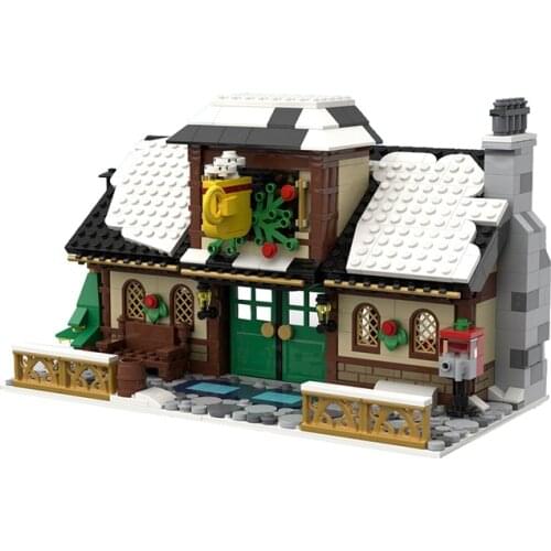 MOC Winter Cafe House Hut Town Village Building Blocks Scene Holiday Train Track Bricks Toys For Kids Christmas Birthday Gifts