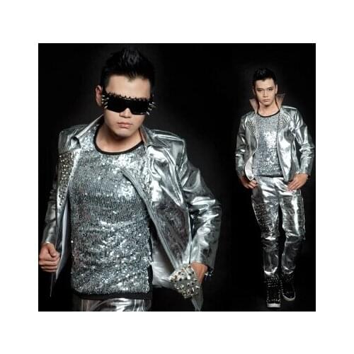 Mens silver rivet motorcycle leather nightclub singer Korean jacket costumes male singer dancer show DJ outerwear coat outfit