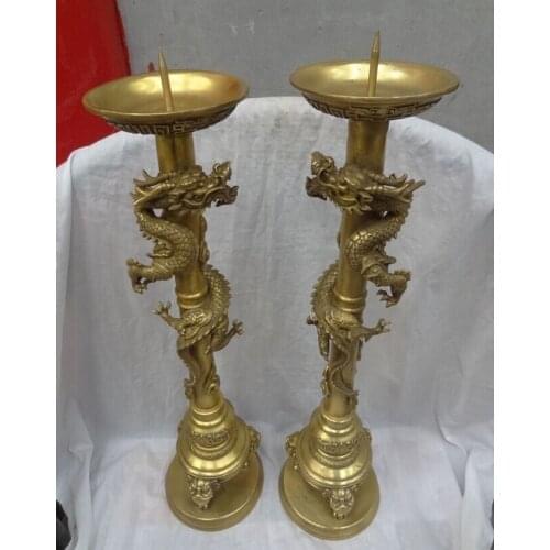Song voge gem S2618 25" Tibet Temple Pure Brass Dragon Head Statue China Candle Stick Holder Pair