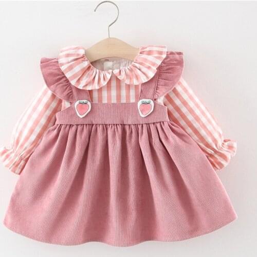 Baby Girls Dress Ruffles Plaid Strawberry Princess Dresses for Girl Casual Patchwork Long Sleeve Dress Clothes Vestido Infantil