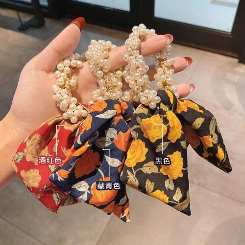 Korea Style New Simple Cute Girl Hair Rope Color Printing Cloth Imitation Pearl Bow Hair Ties for Women Fashion Hair Accessory