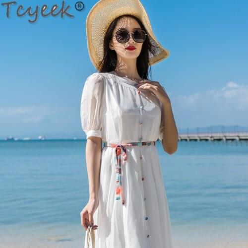 Tcyeek 100% Silk Summer Dresses for Women 2021 Long White Beach Dress Casual Elegant Dress Female Korean Fashion Vestidos Gxy8