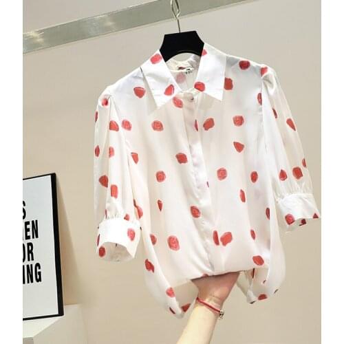 Puff Sleeve Tops Vintage Turn-down Collar Button Up Shirts Women Camisas Mujer Summer 2021 Sweet Print Chiffon Shirt Tops Mujer