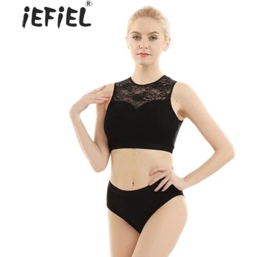 2Pcs Womens Dance Clubwear Activewear Lace Suits Back Hollow Out Crop Tops with Hot Shorts for Pole Active Dancewear Exercise