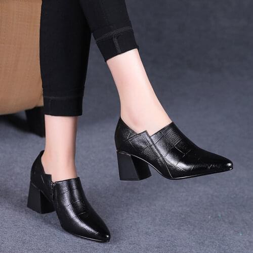 Pointed toe Mid Heels Women 2021 Autumn Single Shoes Woman Soft PU leather Shoe Square Heel Female Korea Style Side Zip Black
