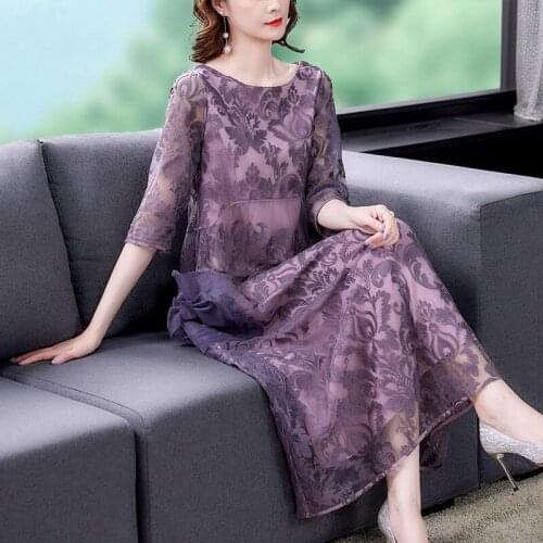 2021 Summer New Vintage Women 3/4 Sleeve Purple Orange Embroidery Long Dress , Woman 4xl 5xl Loose Dresses