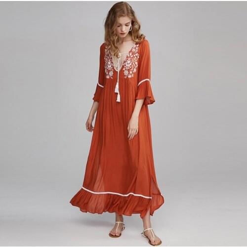 TEELYNN boho maxi dresses women orange floral embroidery vintage vestidos flare sleeve summer dress beach long tunic dresses