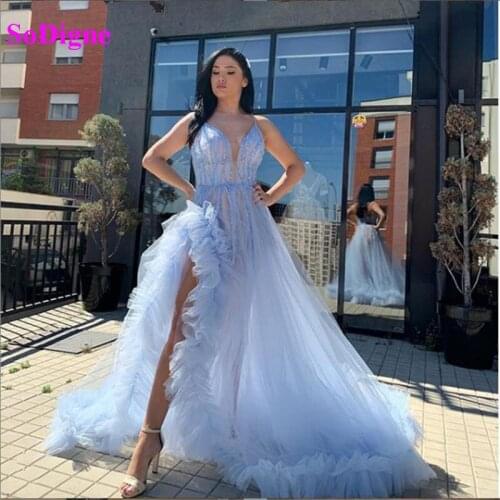 SoDigne Tull Prom Gown Sexy Front Split Sleeveless V Neck Evening Dresses Women Formal Party Dress Custom Vestidos De Festa