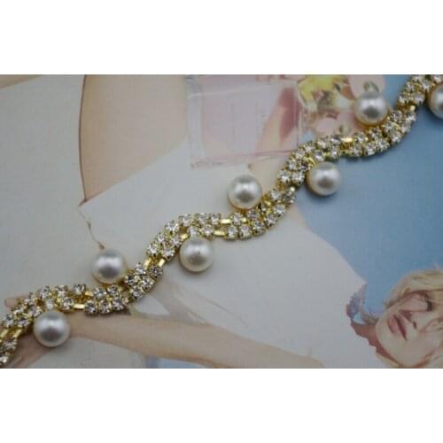 1 Yard 2 Rows 3mm Clear Crystal and Pearl Rhinestone Close Trims Gold Cup Chain Sew On Trim