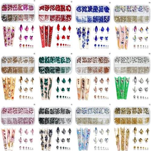 12 Girds/Box Multi-Shape Nail Art Rhinestone 12 Colors Mix Size 3D Crystal Glass Flat Bottom Diamond AB Manicure Decoration #LK4