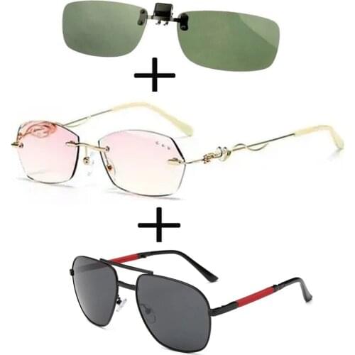 3Pcs!!! Alloy Luxury Frameless Rimless Reading Glasses Women Ladies + Polarized Sunglasses Ultralight Squared + Sunglasses Clip