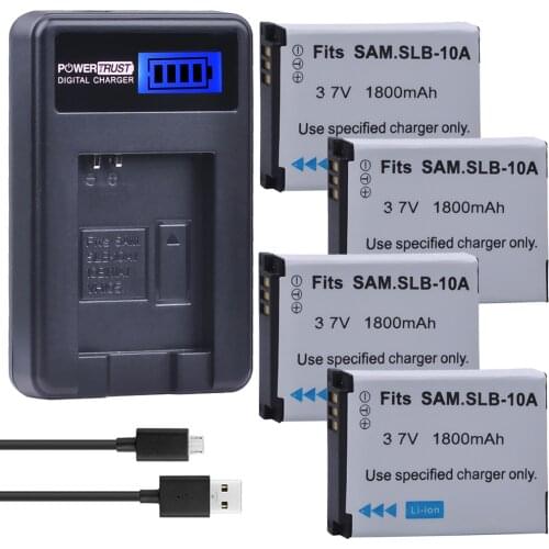 4Pcs SLB-10A SLB10A SLB 10A Camera Battery + LCD USB Charger for Samsung EX2F WB150F WB250F WB350F WB750 WB800F WB500 WB550 HZ10
