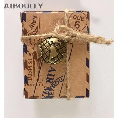 50 pcs/lot DIY Wedding decoration Vintage Via Air Mail Global Brown Paper Candy Box with Metal Compass Global envelope Cake Box