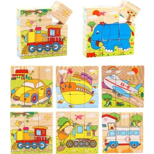 9Pcs/Set Wooden Puzzles Toy Six-Sided 3D Jigsaw Animal Puzzles Games Early Learning Educational Toys For Children Kids