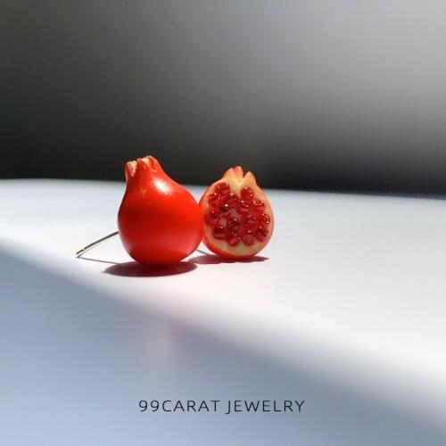 99 carat S925 silver needle pomegranate asymmetric Earrings Red sunshine lovely childlike personality suitable for female WS in
