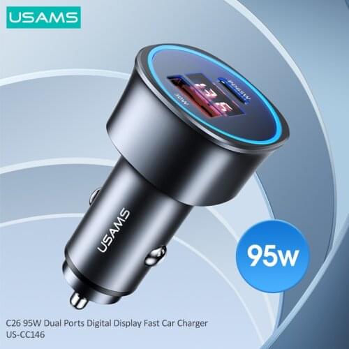 USAMS 95W Car Charger USB Type C Dual Port Hardware Fast Charging For Laptop Digital Display Car Phone Charger For iPhone Huawei