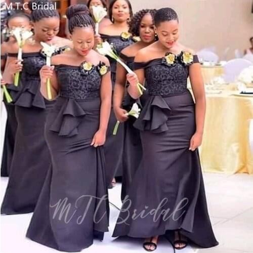 Black Mermaid Plus Size Bridesmaid Dresses Strapless Off The Shoulder Sexy Black Girls Wedding Party Dress Cheap Prom Gowns Long