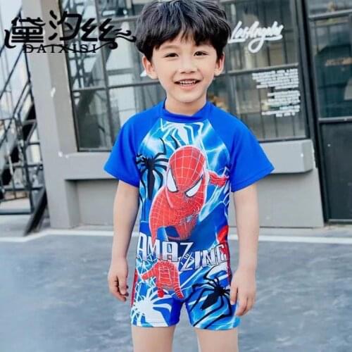 Childrens Swimsuit One Piece Striped UV Protection Sunscreen Short Sleeves Swimwear boys Patchwork Swim Suit