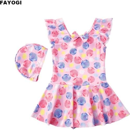 Children Swimwear Girls Swimsuit One-Piece Swimming Skirt Bikini Kids Summer Beach Wear Pattern Print Bathing Suit with Swim Cap