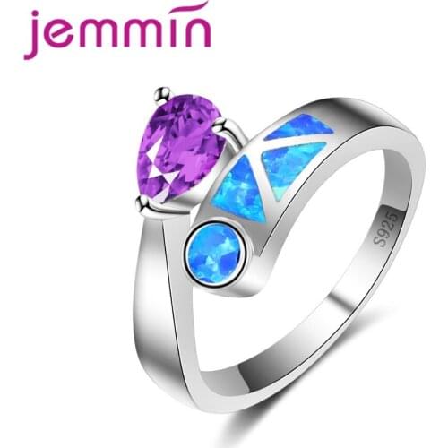 Purple Water Drop Blue Fire Opal Ring AAA CZ Crystal 925 Sterling Silver Jewelry Valentines day Gift Rings for Women