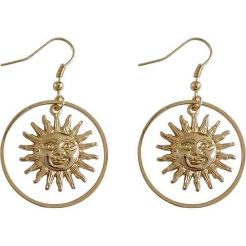 Korean Handmade Gold Sun Apollo Helios Drop bulb Earrings Geometric Loop Sun Face Earrings for Women
