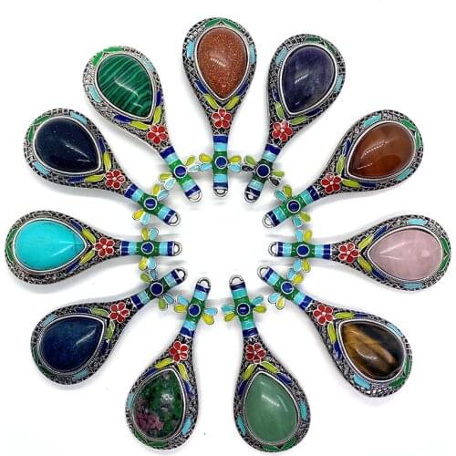 Natural Stone Pendant Malachite Amethyst Lapis Lazuli Tiger Eye Stone Drop Shape Pendant for Handmade Necklace Brooch Jewelry