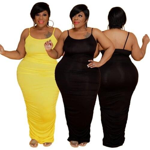 Summer Women Elegant Maxi Dress Folds Solid Color Stretch Sling Sexy Casual 3xl 4xl 5xl Plus Size Dresses Wholesale Dropshipping