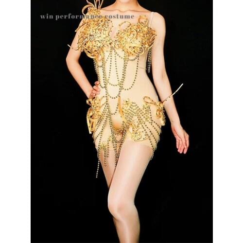 Fashion female nightclub costume gold beading skinny bodysuit bar party show peformance catsuit model catwalk stage outfit