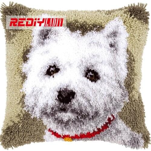 New Latch Hook Cushion Kits Animals White Dog DIY Needlework Crocheting Kit Rug Yarn Handmade Unfinished Embroidery Pillowcase