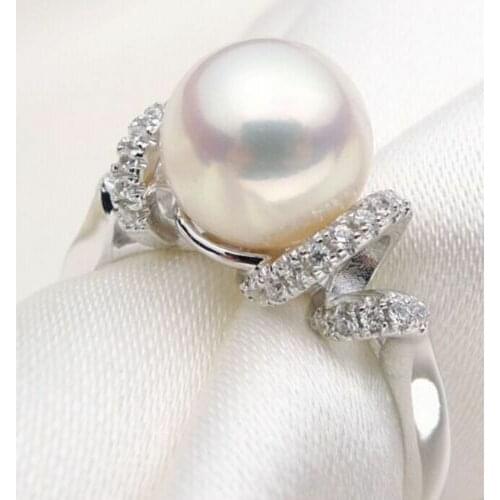 Natural beautiful Perfect Round AAA 10mm Akoya White Pearl Ring 8