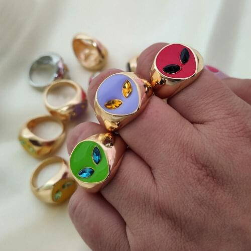 NEW Cute Alien Yin Yang Heart Shaped Ring For Women Colorful Enamel Heart Metal Rings Fashion Geometry Statement Party Jewelry