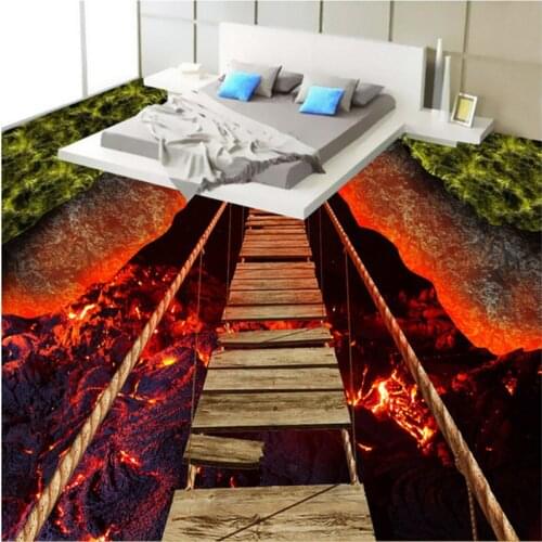 Large custom flooring 3d adventure rope bridge volcanic lava living room bathroom floor decoration painting 3d Papel de parede