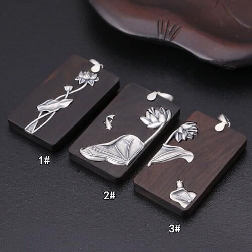Wholesale S925 Sterling Silver Retro Style Ebony Square Card Pendant Lotus Year Round Fish Men And Women Necklace Pendant