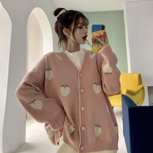 Autumn 2020 New Sweet Lazy Style V-neck Loose Pink Knitted Outer Wear Long-sleeved Sweater Ladies Knitted Cardigan