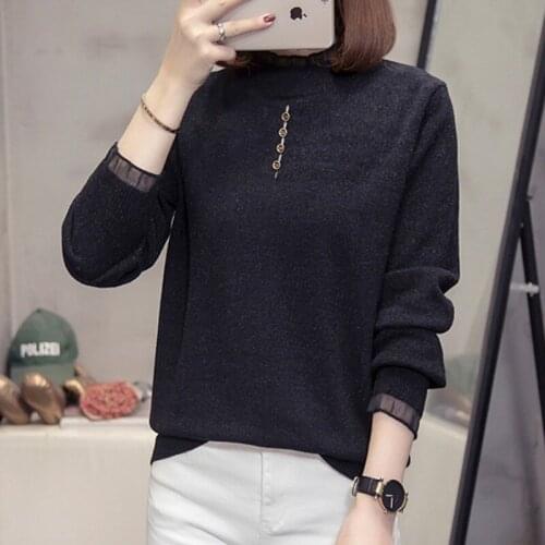 Autumn Winter Mesh Stitching Hollow Out Turtleneck Sweater Knitted Pullovers Women Female Loose Long Sleeve Sweaters Top Jumper