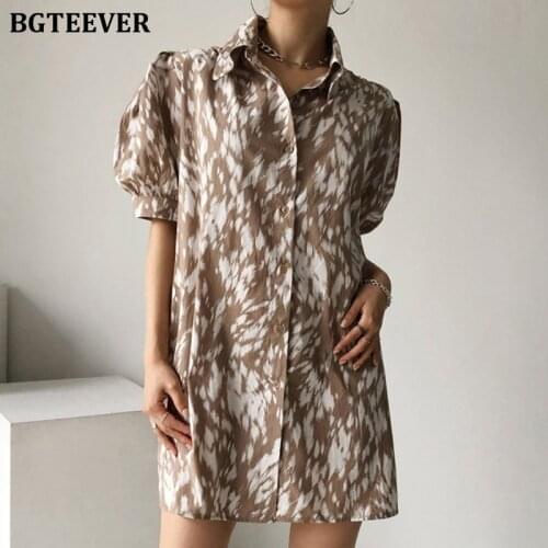BGTEEVER Chic Stylish Turn-down Collar Women Irregular Printed Mini Dress Short Sleeve Single-breasted Loose Female Shirt Dress