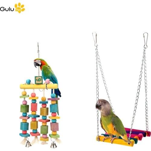 Bird Parrot Hanging Toys Bird Colorful Wood Swing Bell Birds Parrot Chew Standing Toys Bird Cage Perches Decor