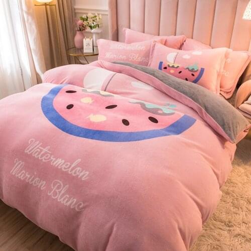 Girl pink big watermelon cartoon coral velvet warm and comfortable velvet home textile quilt cover four-piece set