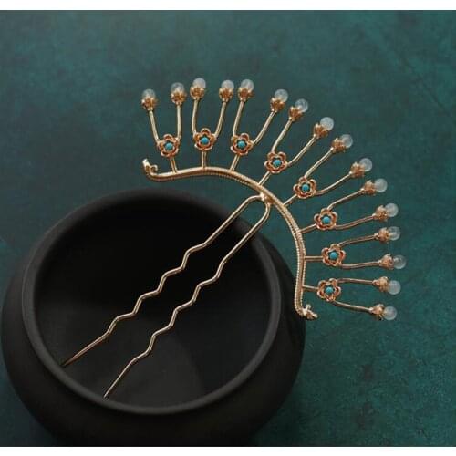 Retro Hair Sticks Stone Beads Row Hairpin Kimono Hair Accessories Super Fairy Costume Headdress Womens Antique Hairpin Jewelry