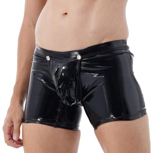 Low Rise Wetlook Patent Leather Boxer Trunks Underwear Open Crotch Bulge Pouch Briefs Shorts Underpants for Men Exotic Hot Pants