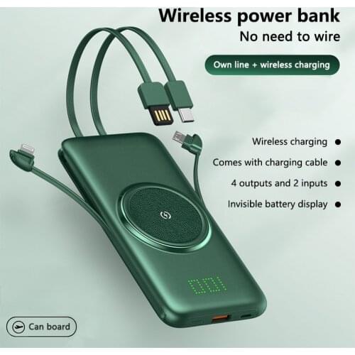 20000mAh Power Bank LED Display Portable Charger Wireless Powerbank External Battery With Four Cable Charger for Mobile phone