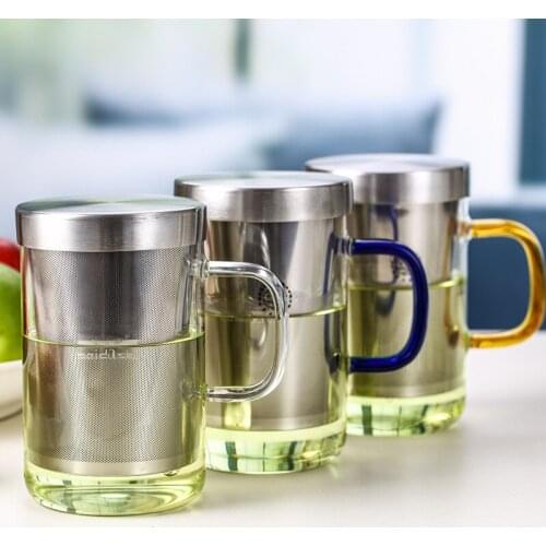 High borosilicate glass heat resistant elegant cup single layer stainless steel filtration transparent high temperature resistan