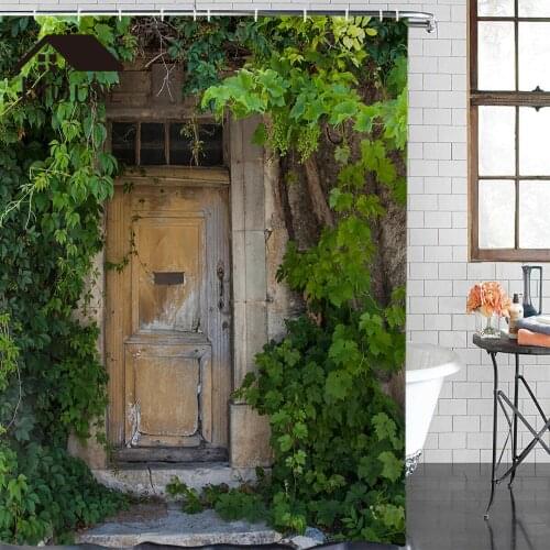 BIGHOUSES Shower Curtain Provence Door covered with green vines Fabric Shower Curtain with Hooks