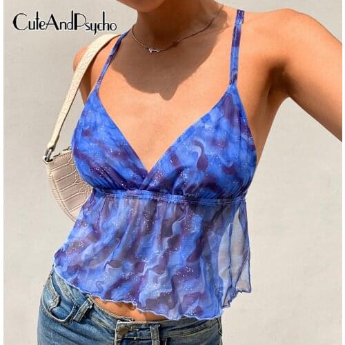 V-neck Tie Dye Printed Women Sexy Camisole Aesthetic Cute Mesh Tops Backless Lace-up Clubwear Harajuku 90s Shirts Cuteandpsycho