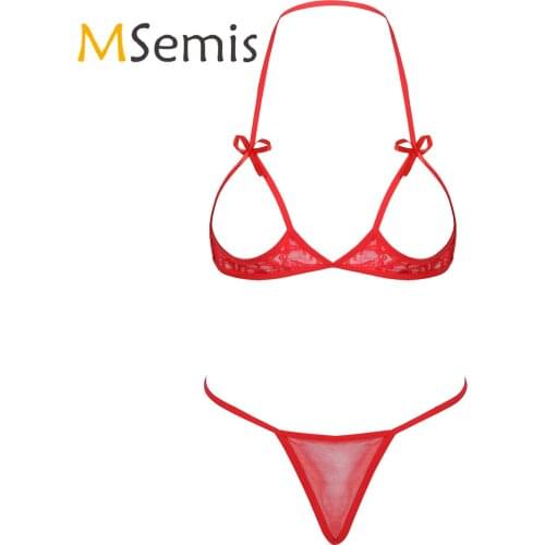 Womens Lace Bowknot Lingerie Suit Two-Piece Erotic Sexy Bikini Set Nightwear Open Cup Halter Neck Hot Bra with G-string Briefs